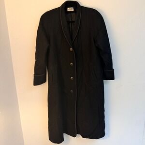 VTG Mario De Pinto 100% Pure Wool Black Long Coat Rope Piping USA Made Quiet Lux